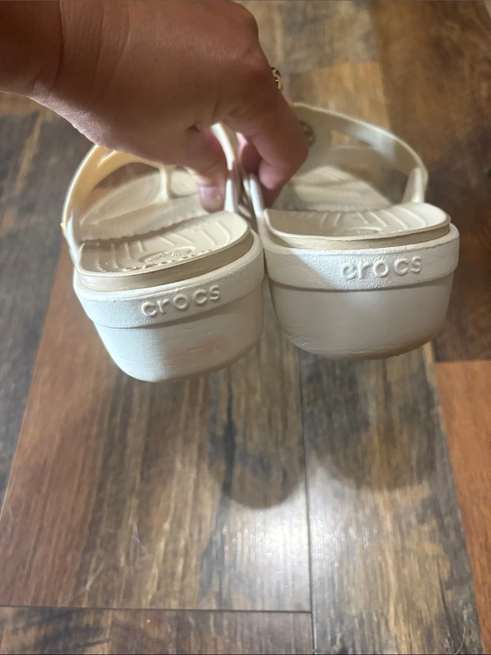 Crocs Sanrah Embellished Wedge Flip Flops in Oyster/Gold